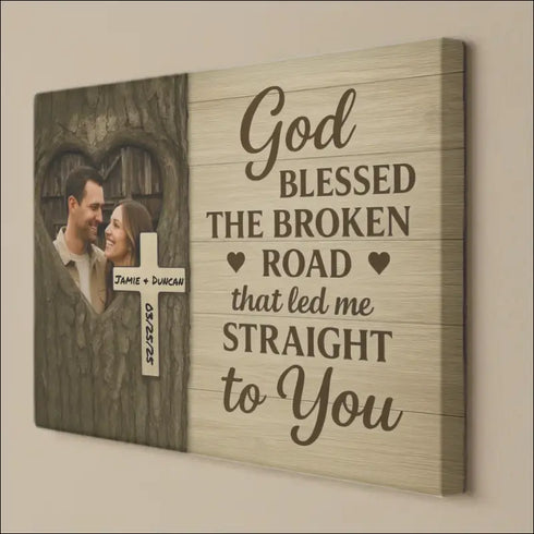 Personalized wooden-style canvas print with a couple’s photo and sentimental quote